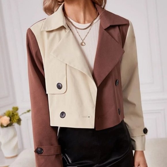 Contemporary Two Tone Colorblock Double Breasted Trench Coat - Picture 5 of 5